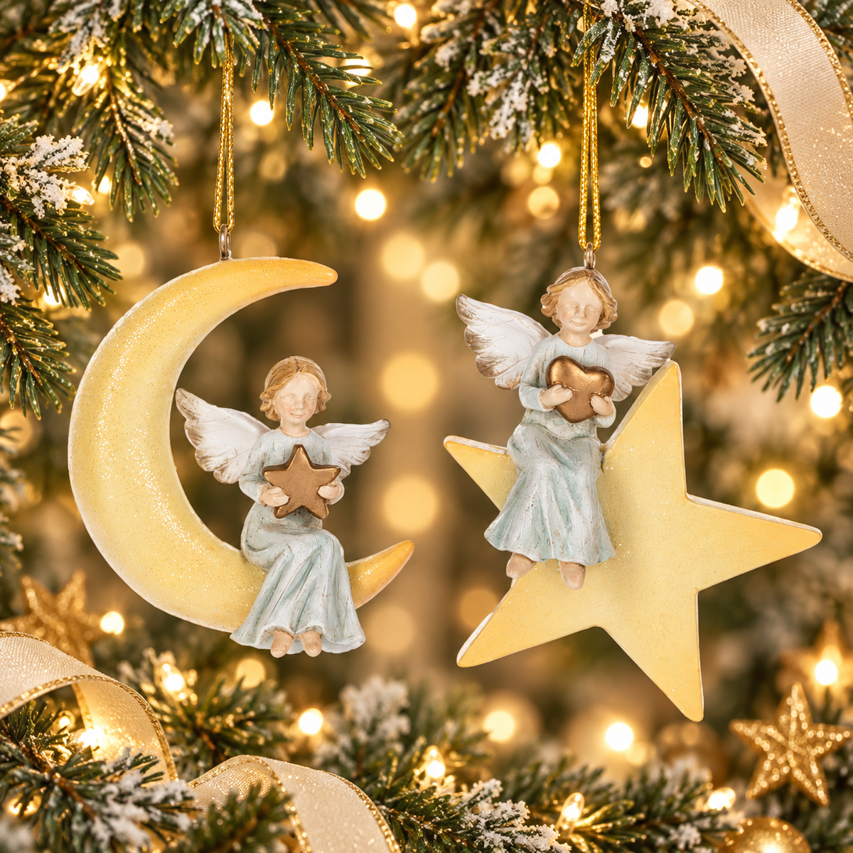 Angel On Star & Moon Disk Ornaments, 2-Piece Set, Christmas, Holiday Decor