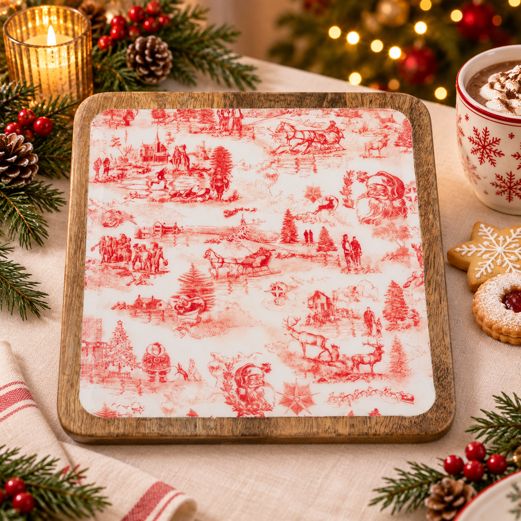 Ganz Christmas Toile Mango Wood Square Serving Trays 3-Piece Set