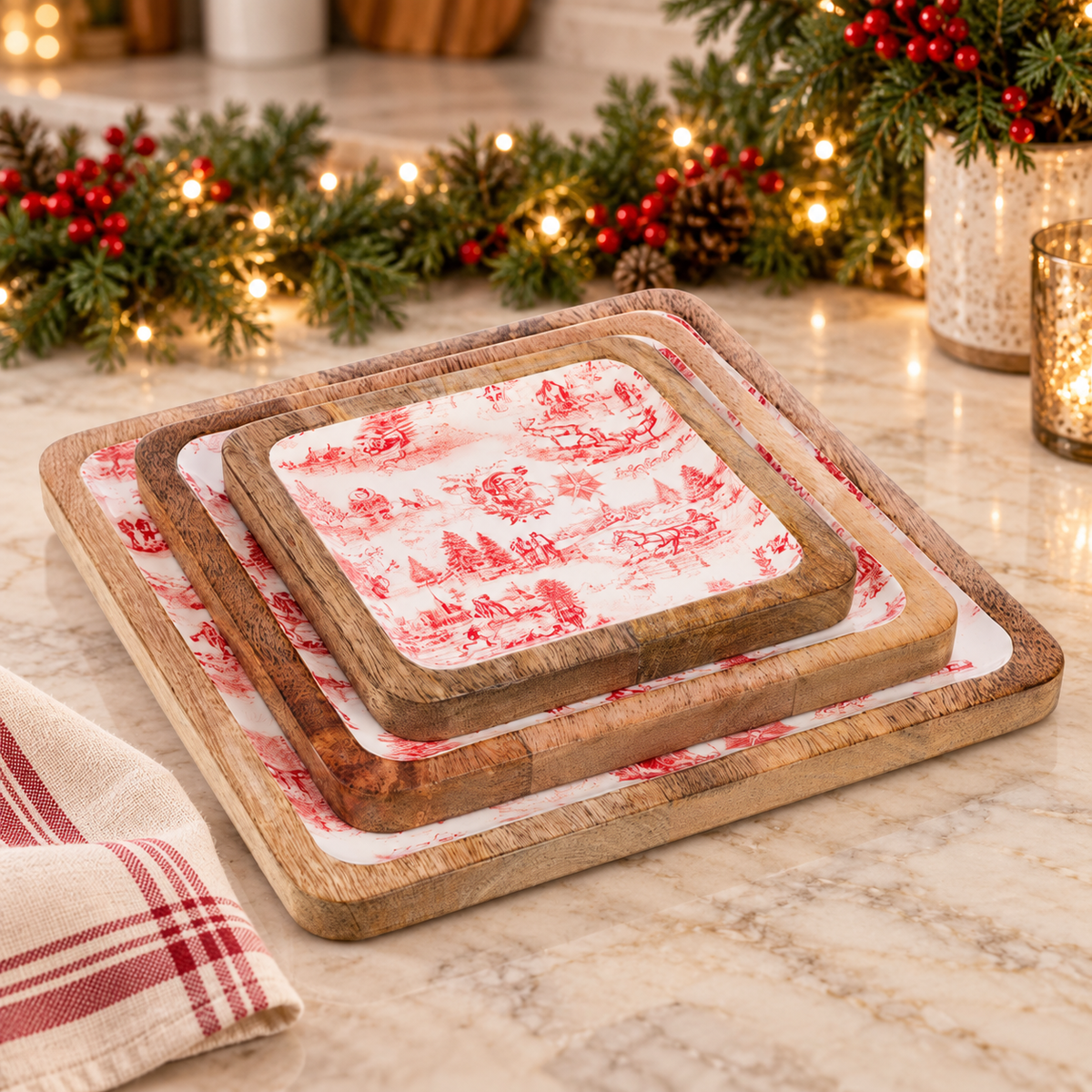 Ganz Christmas Toile Mango Wood Square Serving Trays 3-Piece Set