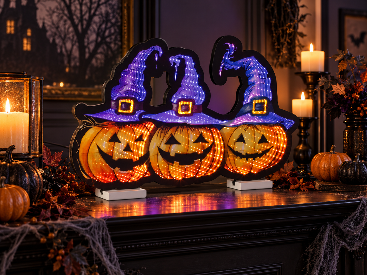 Triple Jack-O’-Lantern Infinity Ekkolight – 25" LED Halloween Luminary with 3D Light Effect, Acrylic Indoor Display