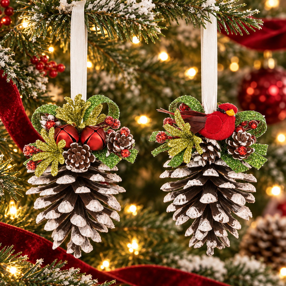 GANZ MIDWEST-CBK ~ 5" Holiday Pinecone Ornaments - Cardinal & Jingle Bell Set
