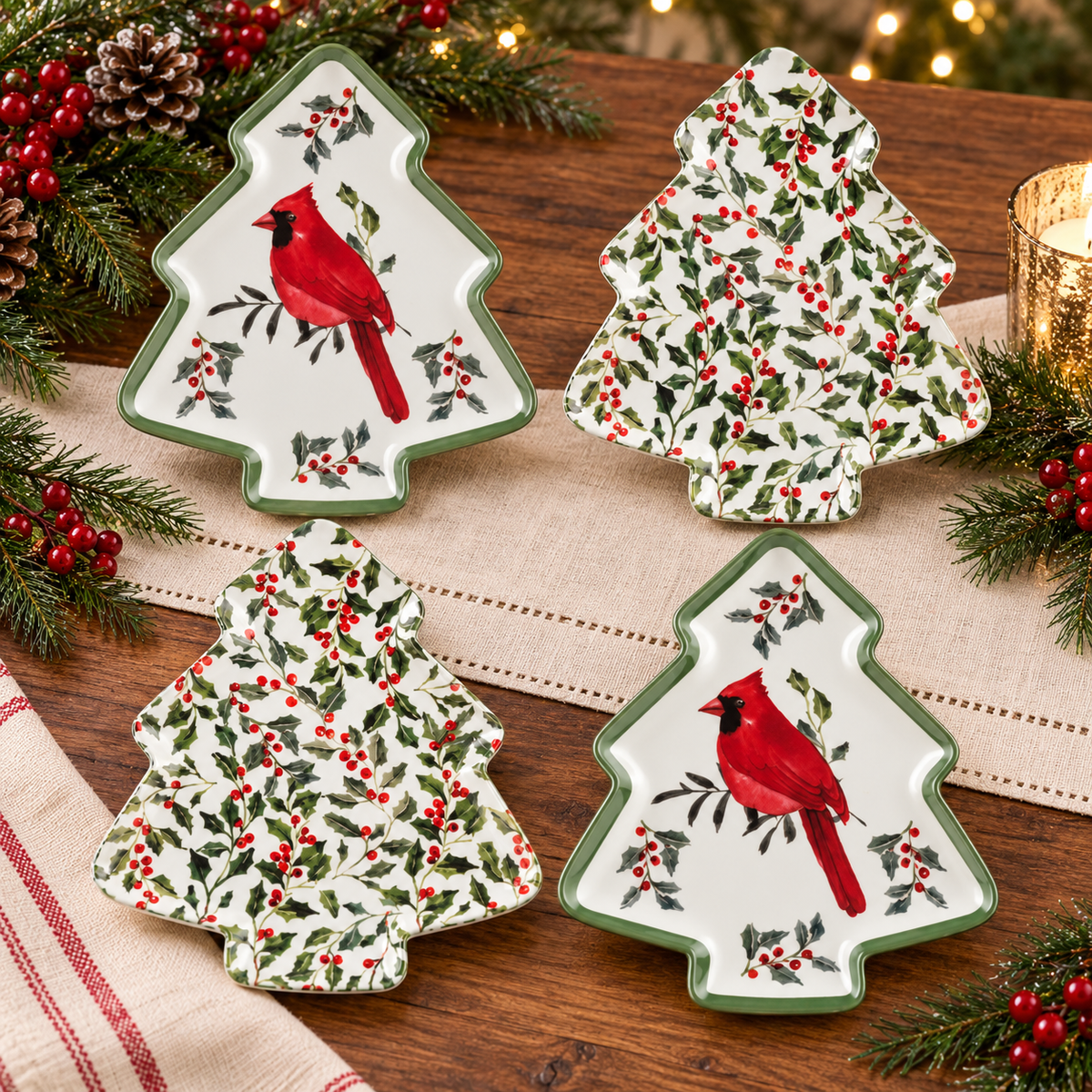 GANZ Cardinal & Holly Christmas Tree-Shaped Ceramic Plates ~ 200247