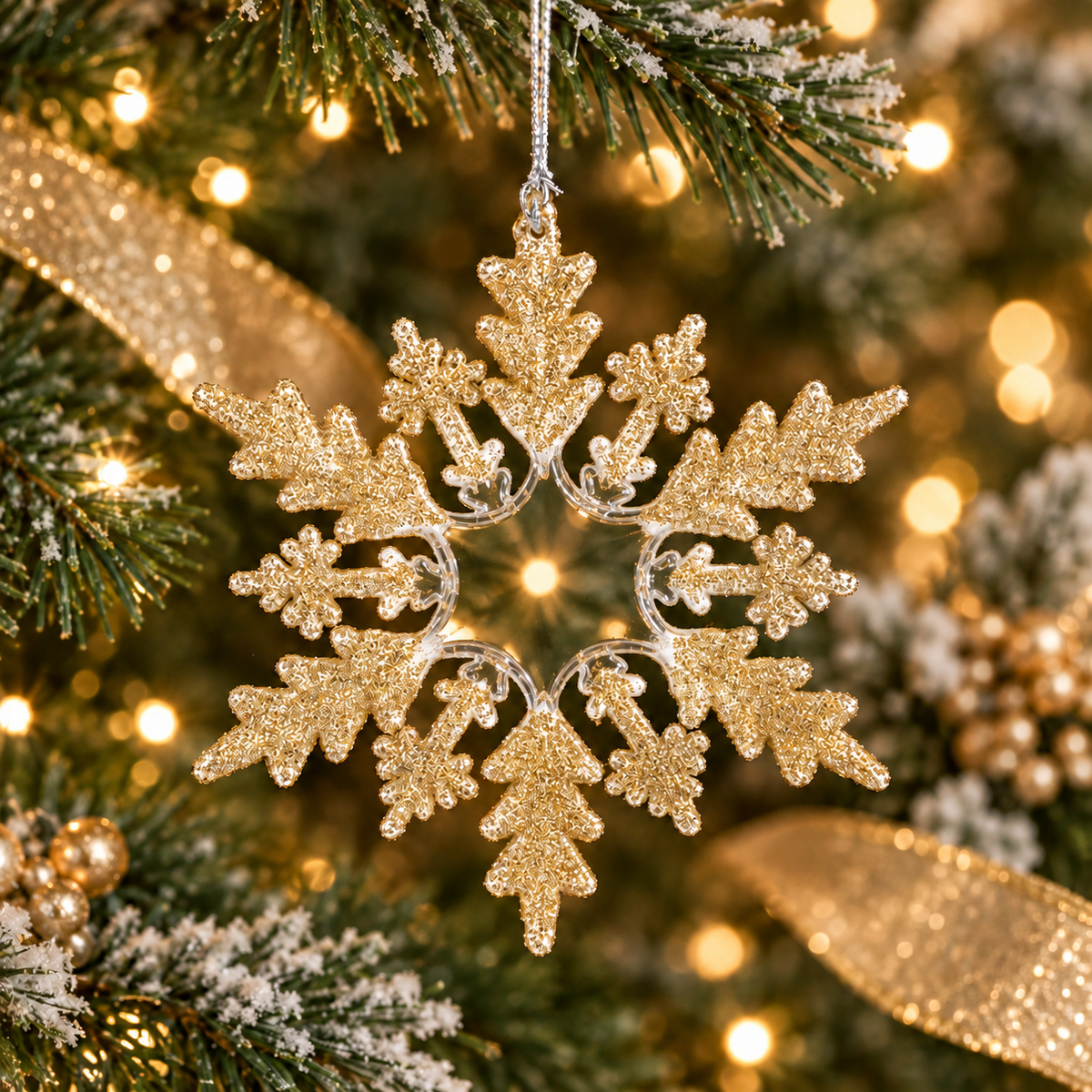 GANZ ~ Gold Glitter Tree & Clear Snowflake Ornament, 4½"