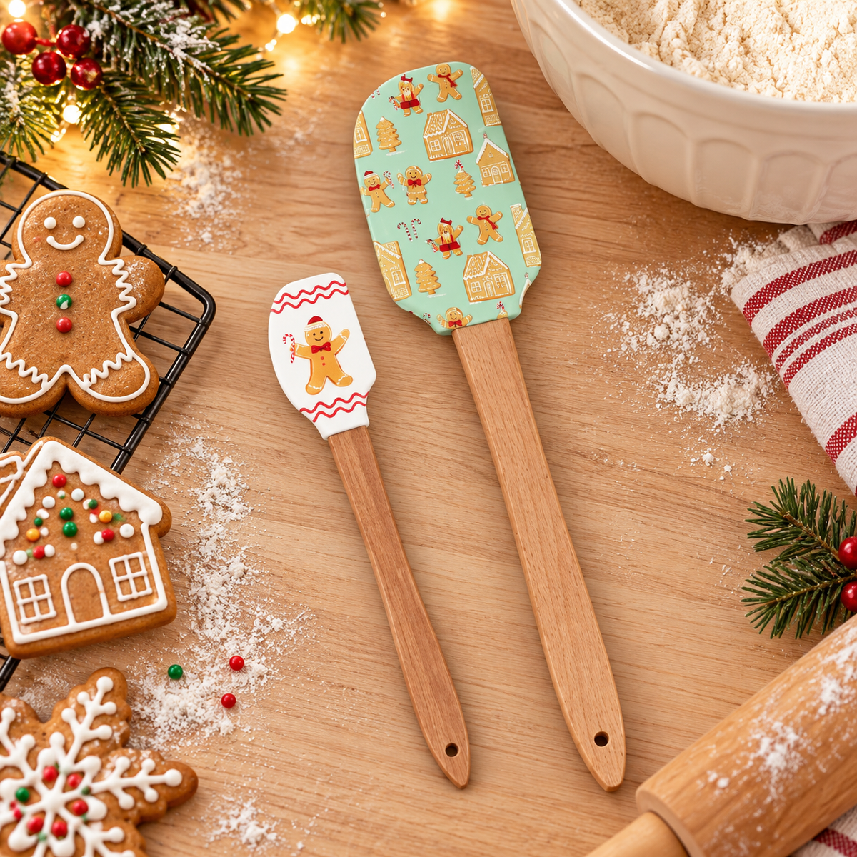 GANZ Sweet Shop Gingerbread Silicone Spatula Set With Wooden Handles, 2 Pieces