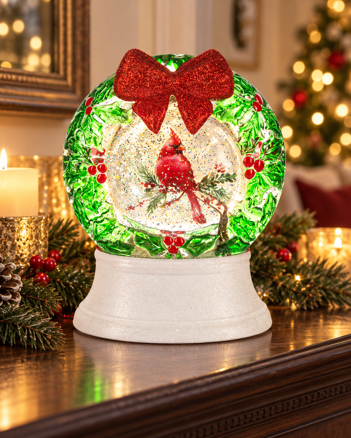 GANZ Light-Up Shimmer Cardinal in Holly Wreath Globe – 8.25" LED Christmas Décor – MX194381