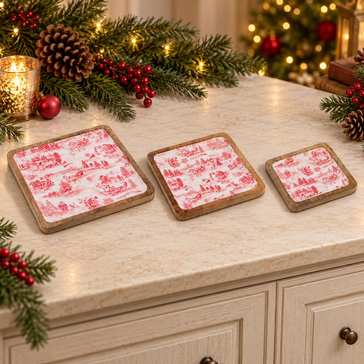 Ganz Christmas Toile Mango Wood Square Serving Trays 3-Piece Set