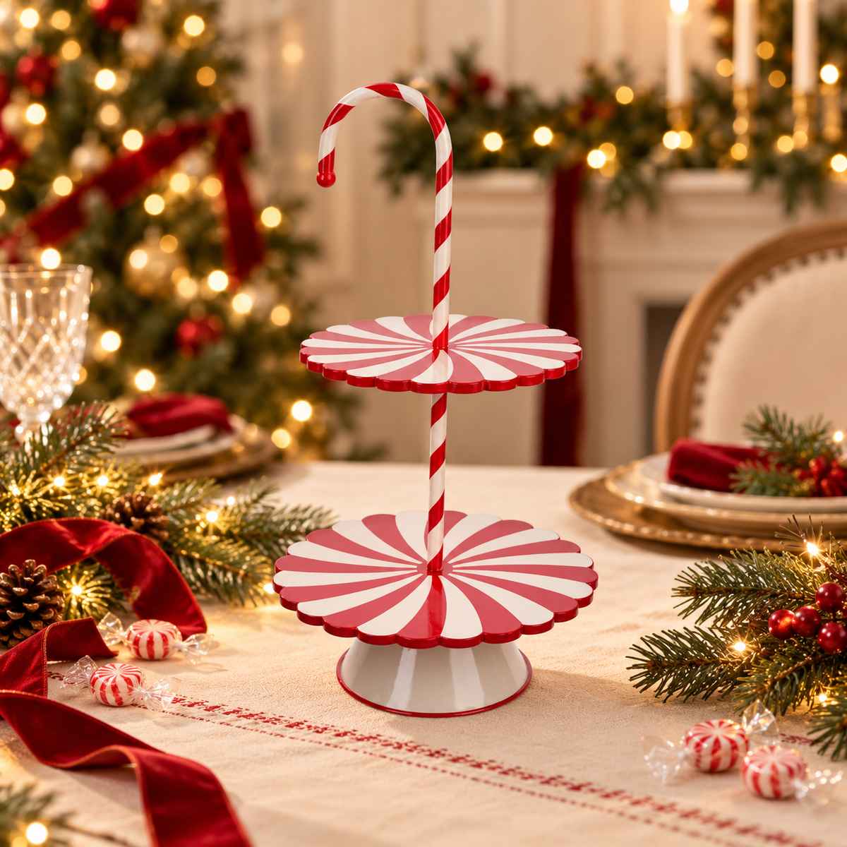 Ganz - Peppermint & Candy Cane Two-Tier Pedestal Stand