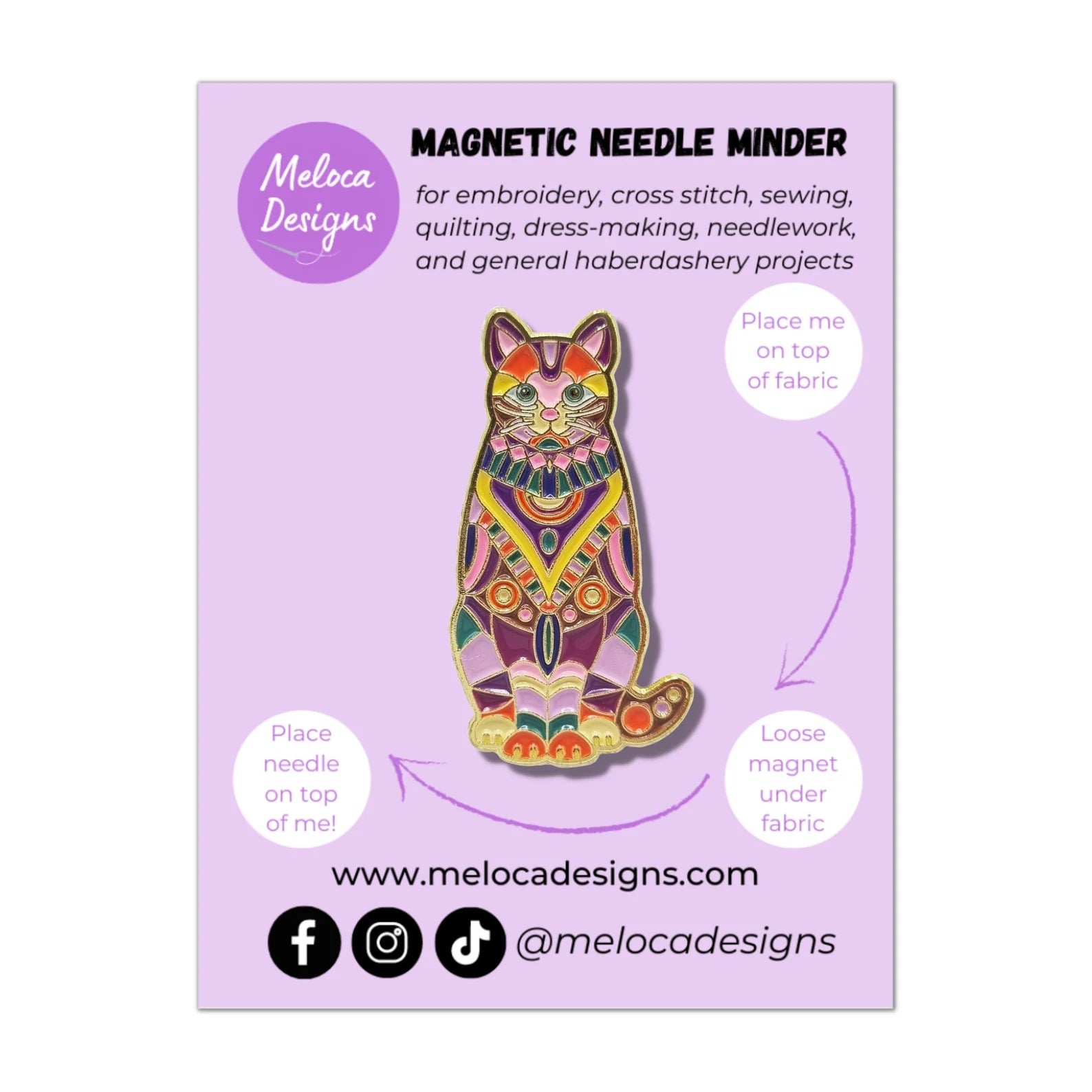 MELOCA DESIGNS ~ Mandala Cat Needle Minder | Enamel Needle Minder | Magnetic | Cross Stitch | Sewing Accessory | Cat Gift | Fridge Magnet