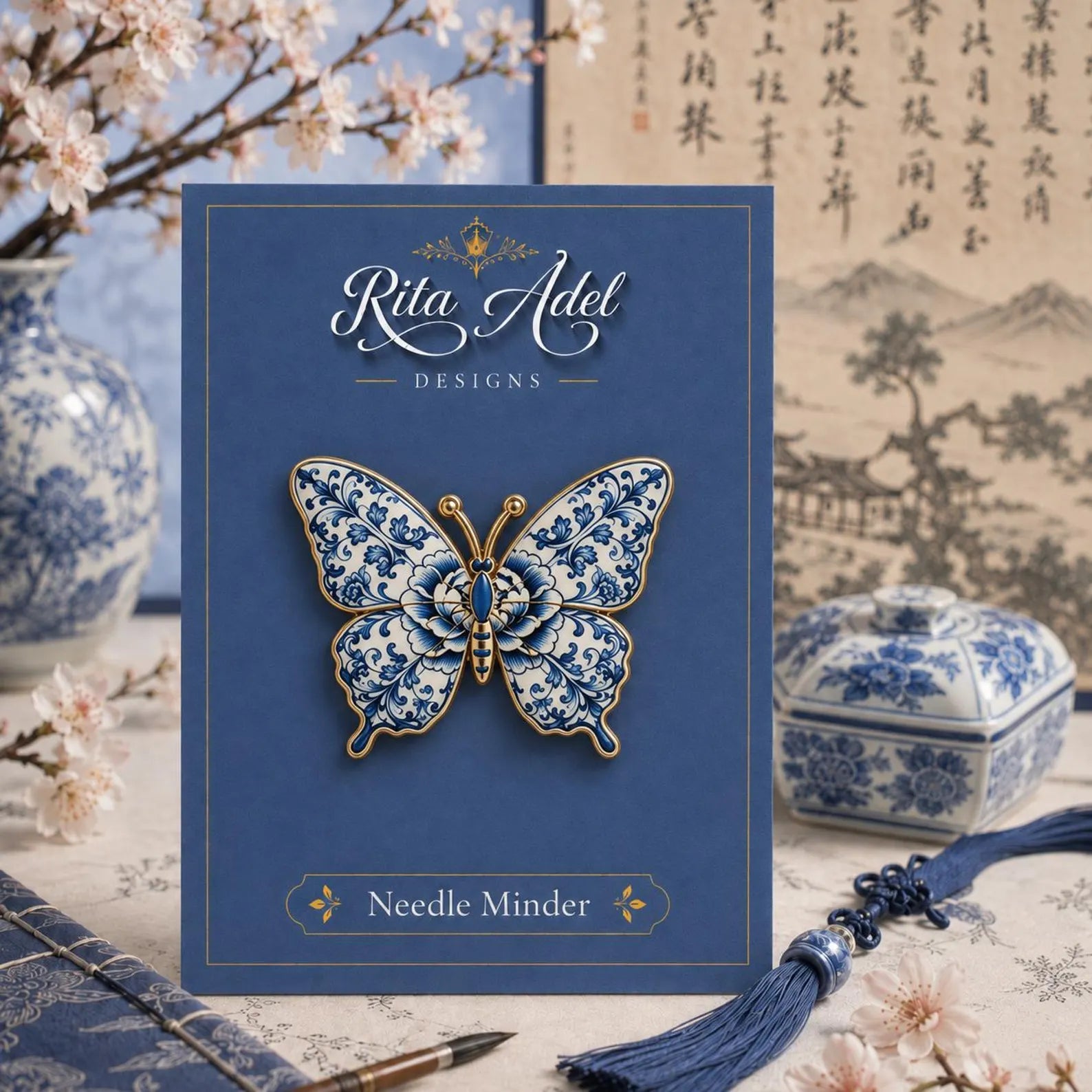 Rita Adel Designs Needle Minder ~ Blue & White Butterfly, Handcrafted Stitching Accessory, Needle Dock, Enamel, Rhinestone, Needlework Tool