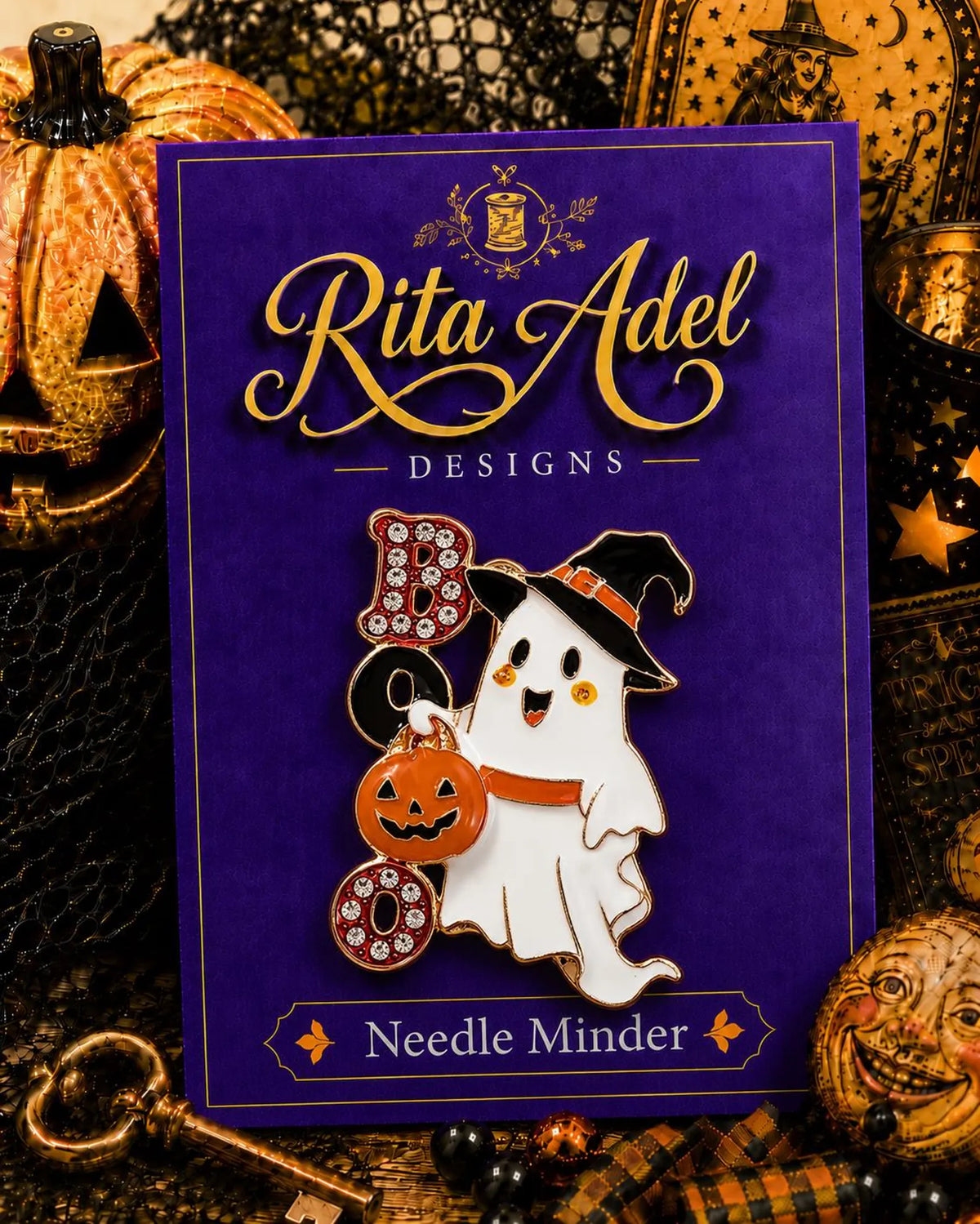 Rita Adel Designs Needle Minder ~ Boo Ghost with Pumpkin Needle Minder, Handcrafted Stitching Accessory, Needle Dock, Needlework Tool