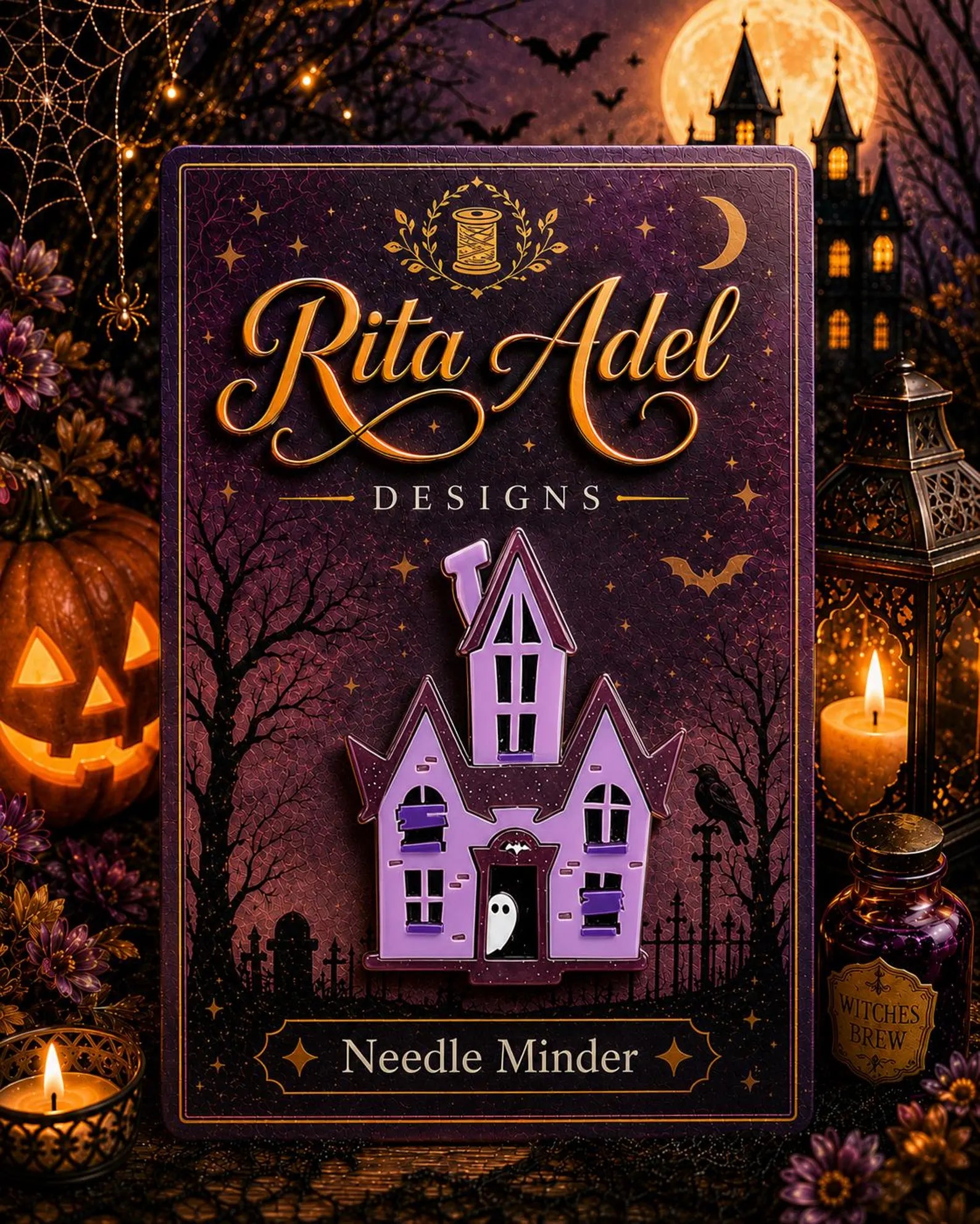 Rita Adel Designs Needle Minder ~ Haunted House, Handcrafted Stitching Accessory, Acrylic, Halloween, Needlework Tool