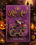Rita Adel Designs Needle Minder ~ Bicycle Witch Halloween Needle Minder, Handcrafted Stitching Accessory, Needle Dock, Needlework Tool