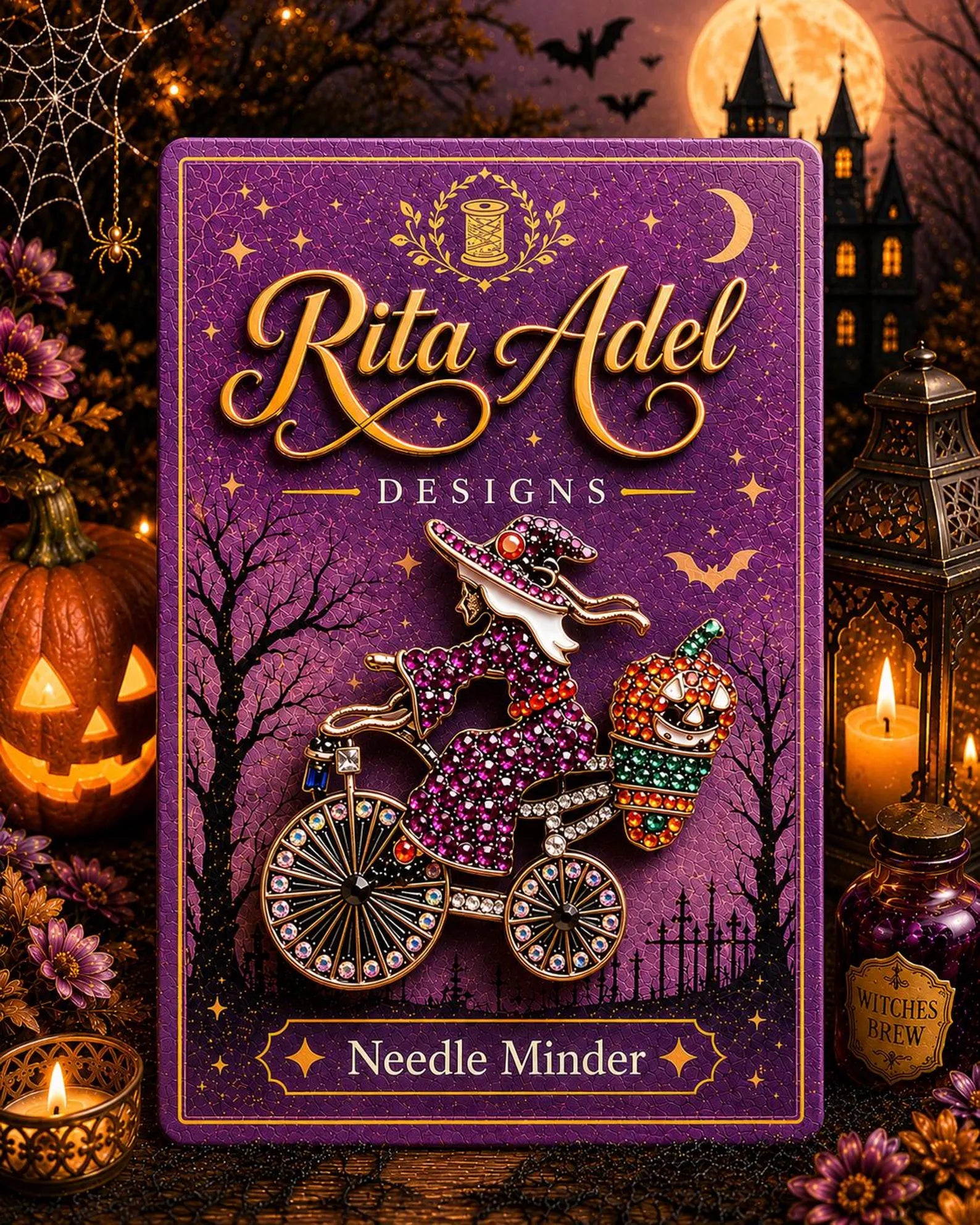 Rita Adel Designs Needle Minder ~ Bicycle Witch Halloween Needle Minder, Handcrafted Stitching Accessory, Needle Dock, Needlework Tool
