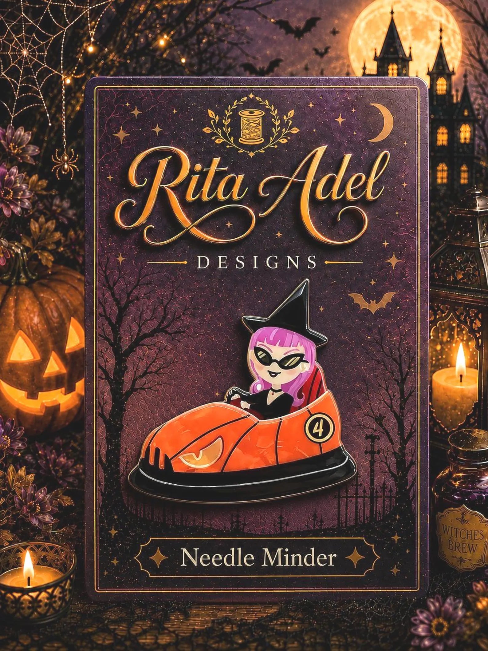 Rita Adel Designs Needle Minder ~Bumper Car Bewitched, Handcrafted Stitching Accessory, Acrylic, Halloween, Needlework Tool