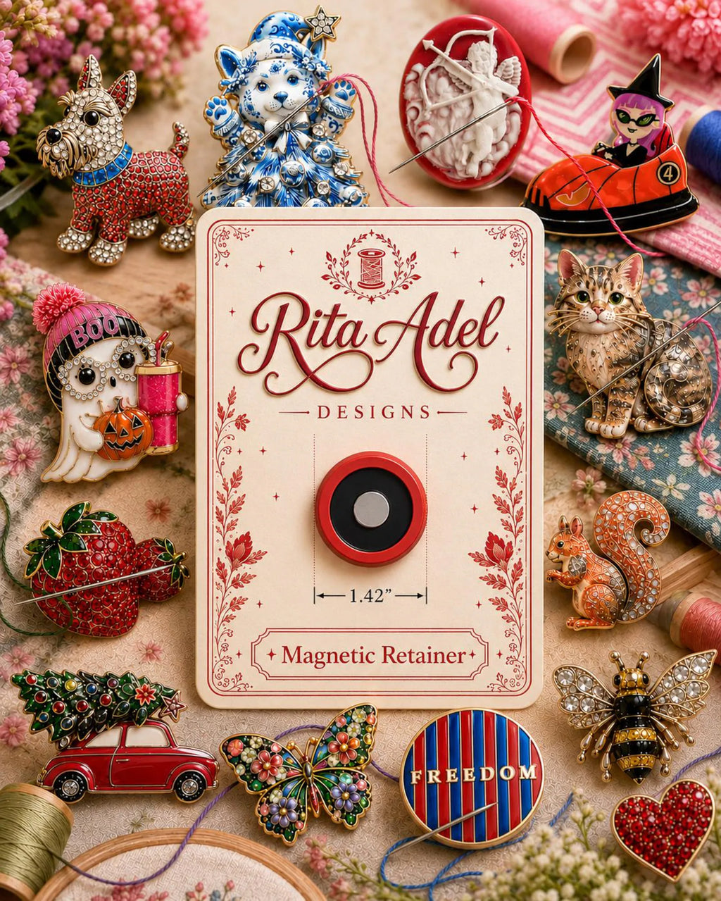 Rita Adel Designs Needle Minder ~ Christmas Tree, Handcrafted Stitching Accessory, Enamel, Gold-Tone Alloy, SecureMag Needlework Tool