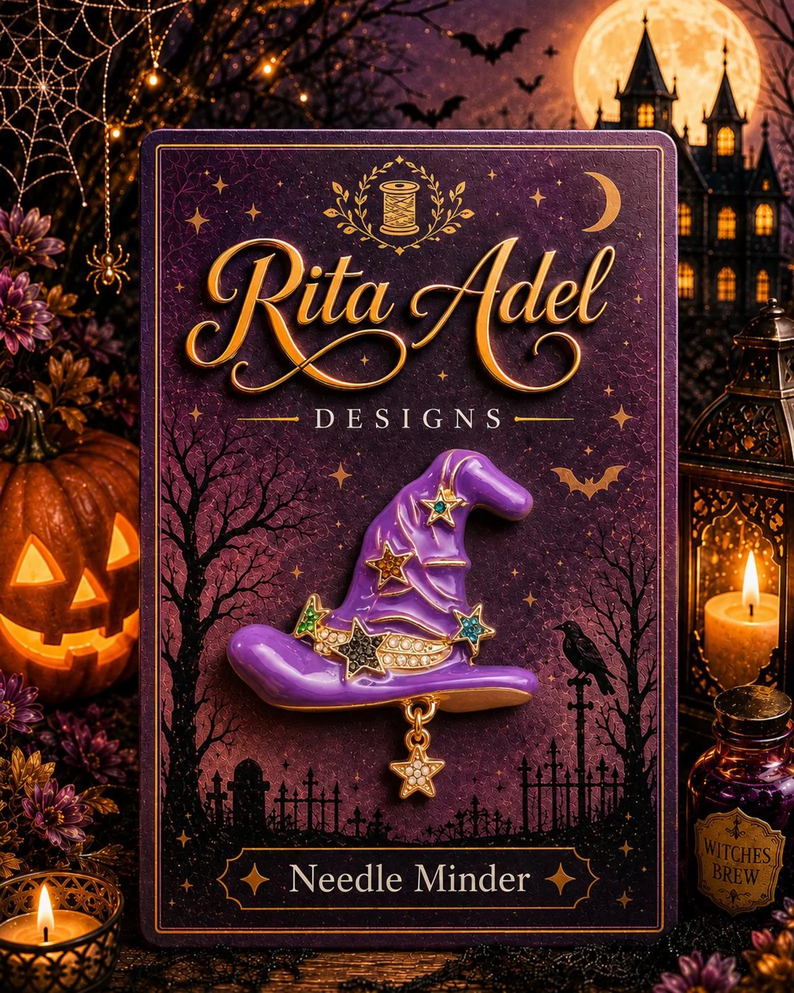 Rita Adel Designs Needle Minder ~ Purple Witch Hat, Handcrafted Stitching Accessory, Enamel, Rhinestones, Halloween, Needlework Tool