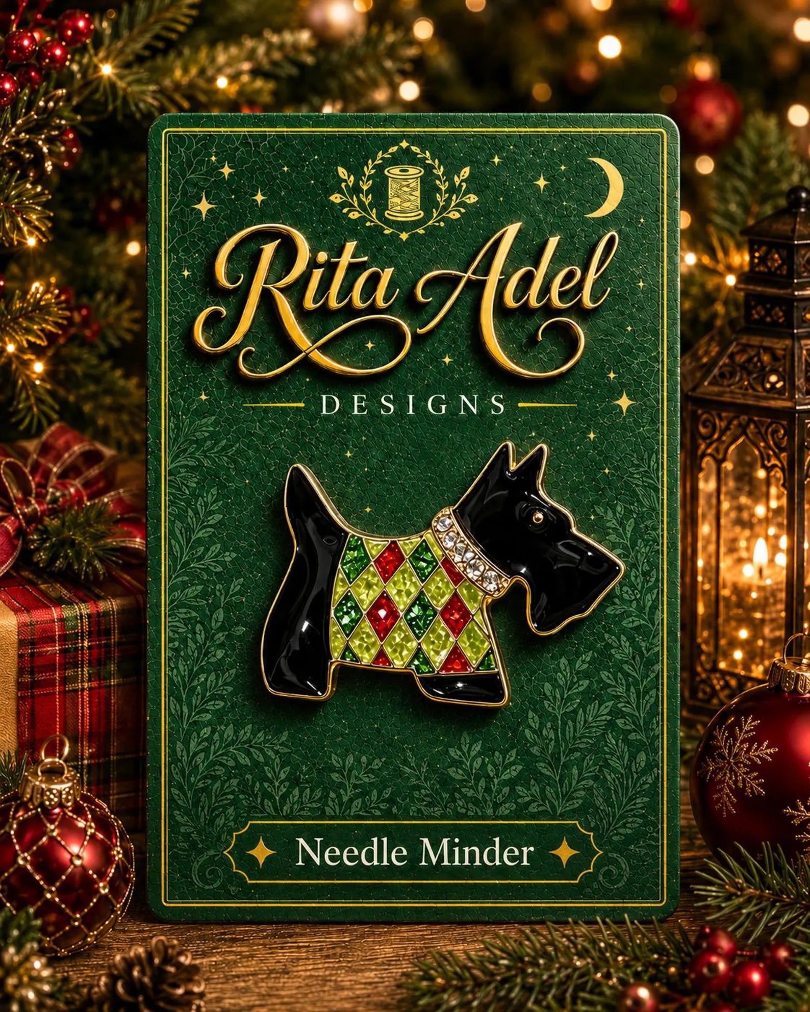 Rita Adel Designs Needle Minder ~ Tartan Scotty Dog, Handcrafted Stitching Accessory, Enamel, Rhinestones, Christmas, Needlework Tool