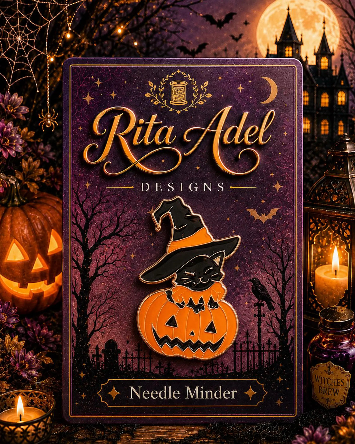 Rita Adel Designs Needle Minder ~ Halloween Pumpkin & Cat, Handcrafted Stitching Accessory, Needle Dock, Enamel, Needlework Tool
