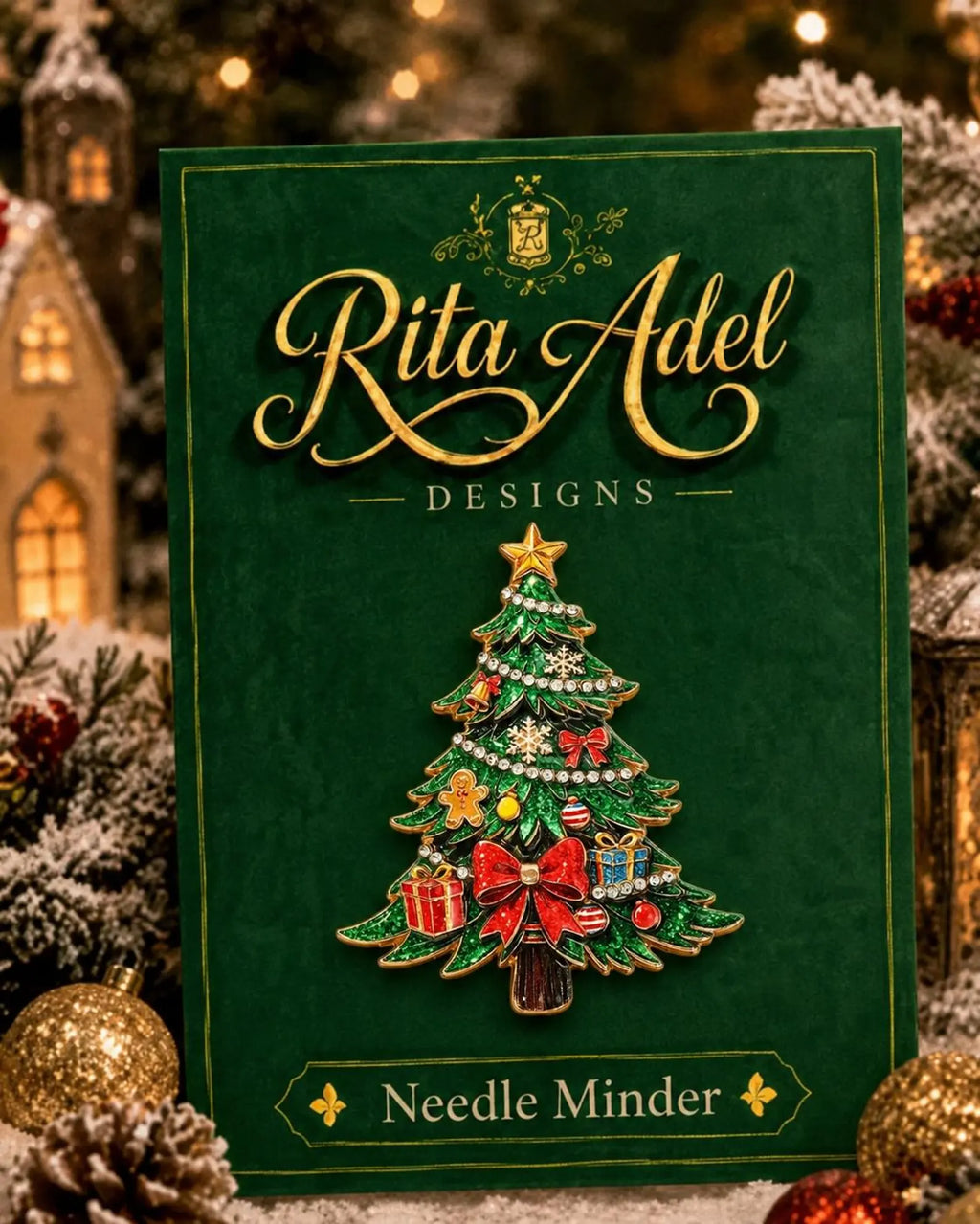 Rita Adel Designs Needle Minder ~ Christmas Tree, Handcrafted Stitching Accessory, Enamel, Gold-Tone Alloy, SecureMag Needlework Tool