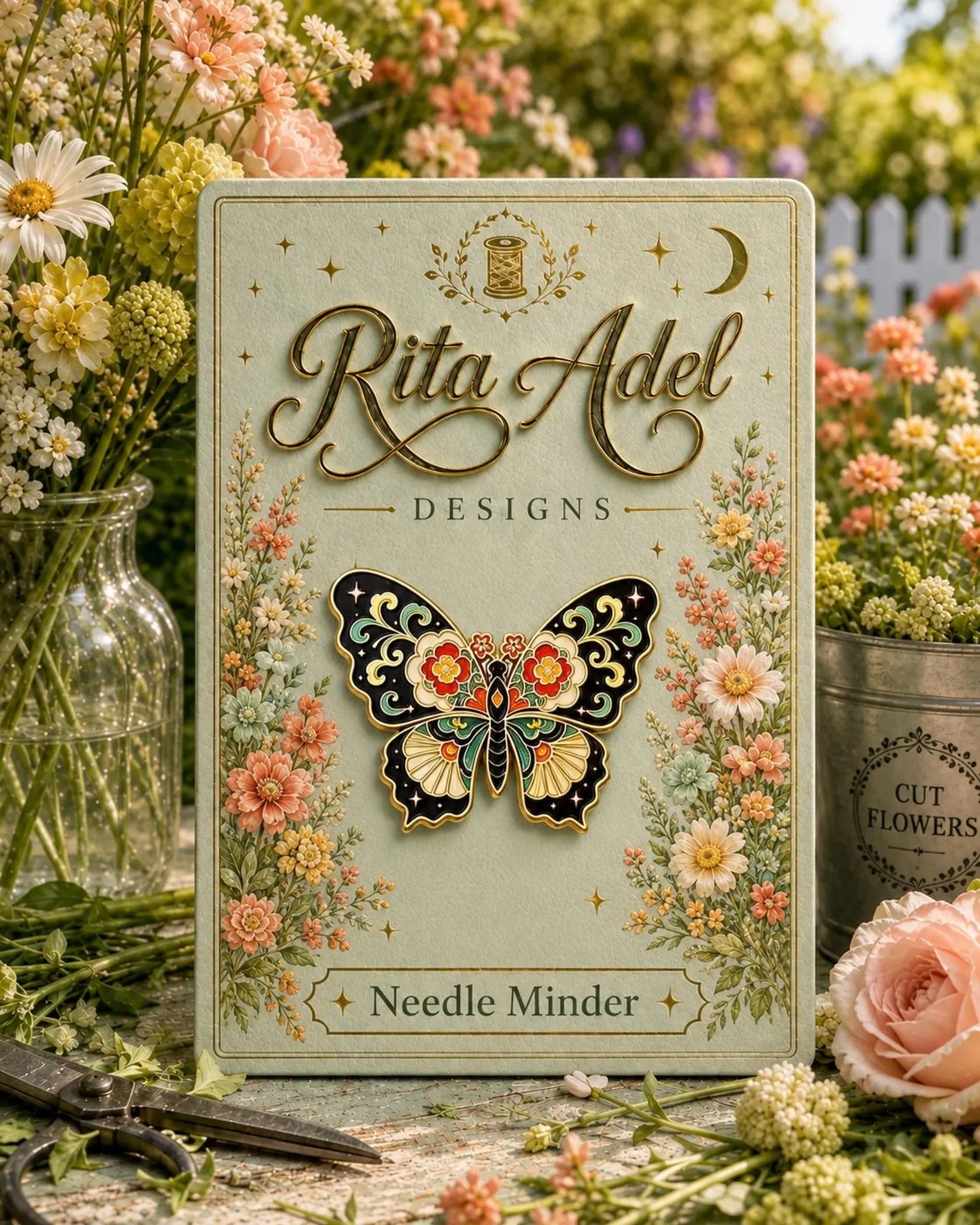 Rita Adel Designs Needle Minder ~ Butterfly, Handcrafted Stitching Accessory, Needle Dock, Enamel, Rhinestone, Needlework Tool
