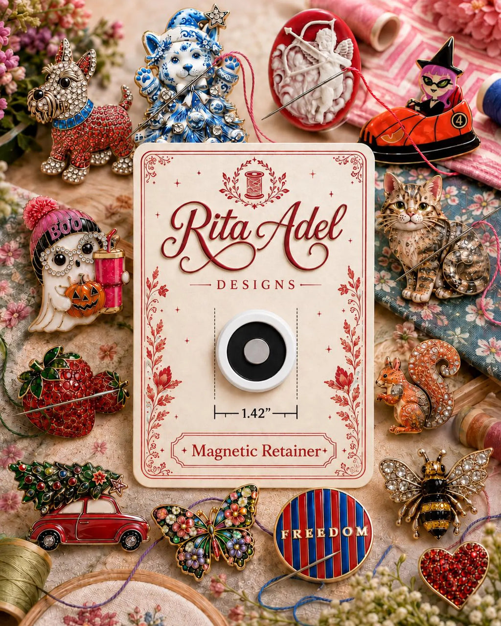 Rita Adel Designs Needle Minder ~ Jeweled Strawberry Handcrafted Stitching Accessory, SecureMag System, Needlework Tool