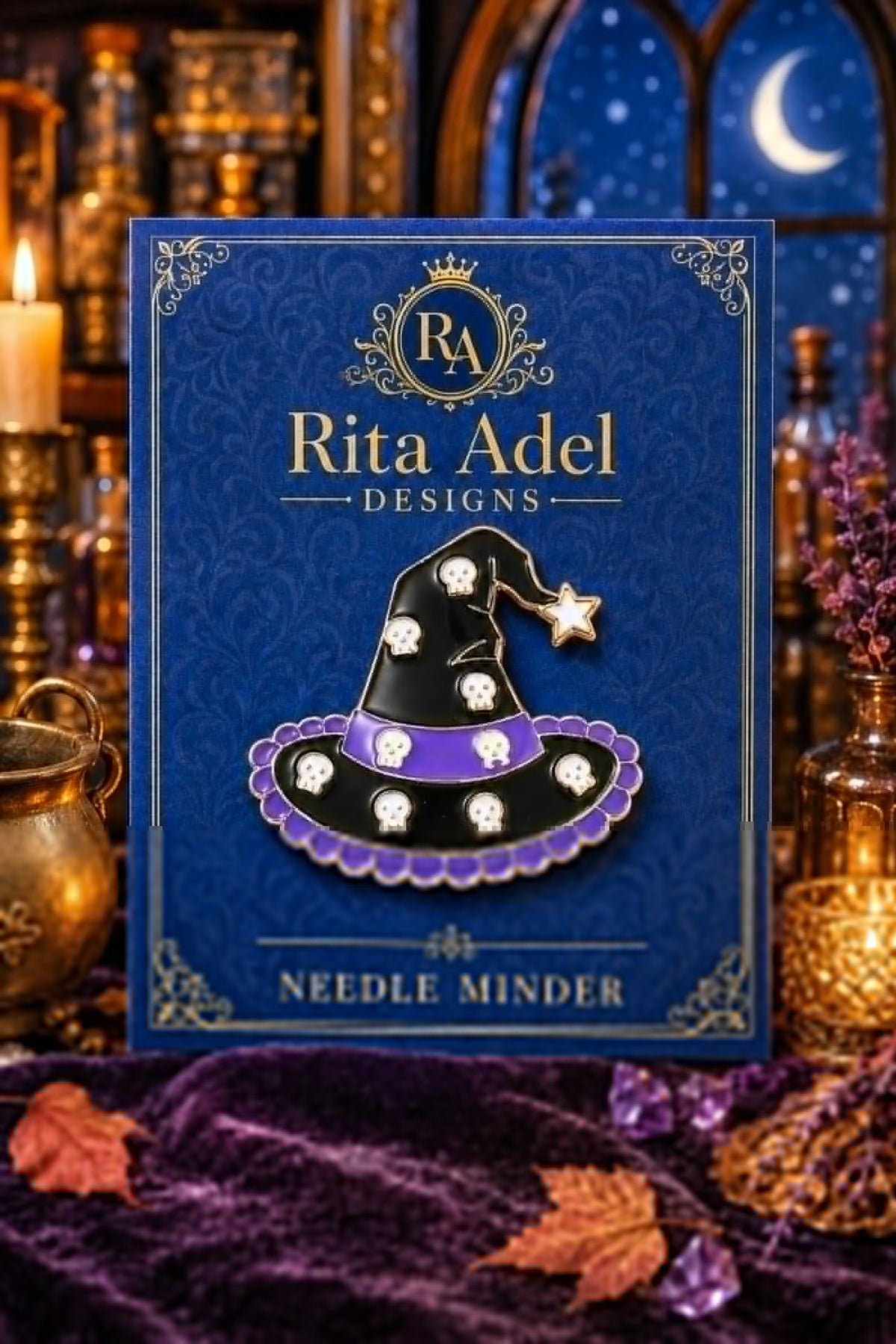 Rita Adel Designs Needle Minder ~ Black & Purple Witch Hat Halloween, Handcrafted Stitching Accessory, SecureMag System, Needlework Tool