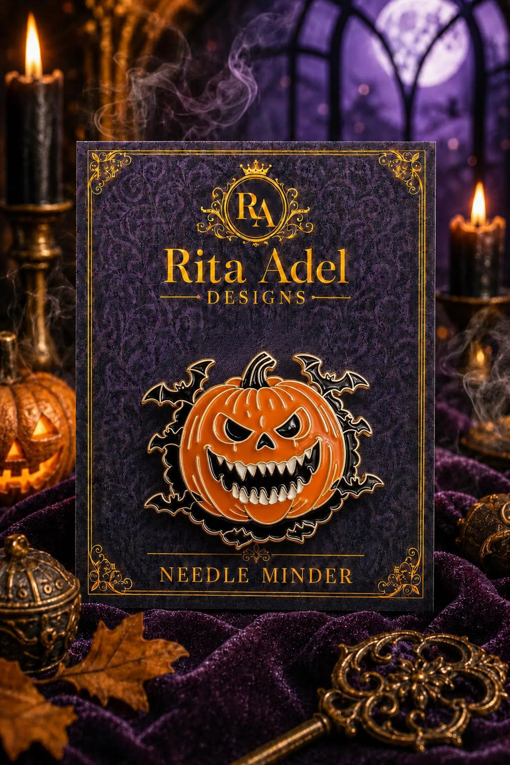Rita Adel Designs Needle Minder ~ Jack-O'-Lantern & Bats Halloween, Handcrafted Stitching Accessory, SecureMag System, Needlework Tool