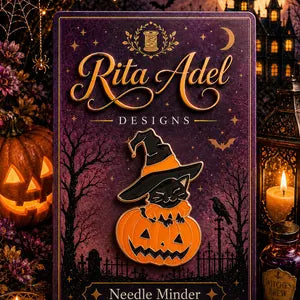 Rita Adel Designs Needle Minder ~ Halloween Pumpkin & Cat, Handcrafted Stitching Accessory, Needle Dock, Enamel, Needlework Tool