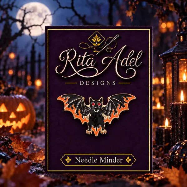 Rita Adel Designs Needle Minder ~ Black & Orange Bat Halloween Handcrafted Stitching Accessory, SecureMag System, Needlework Tool