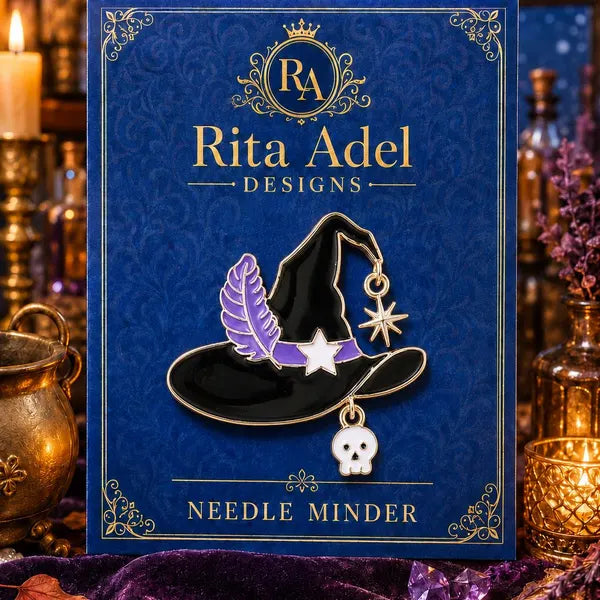 Rita Adel Designs Needle Minder ~ Feathered Witch Hat Halloween, Handcrafted Stitching Accessory, SecureMag System, Needlework Tool