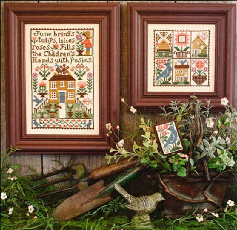 The Prairie Schooler JUNE Counted Cross Stitch Pattern, Summer, Sampler, Posies, Tulips, Chart Book No. 161