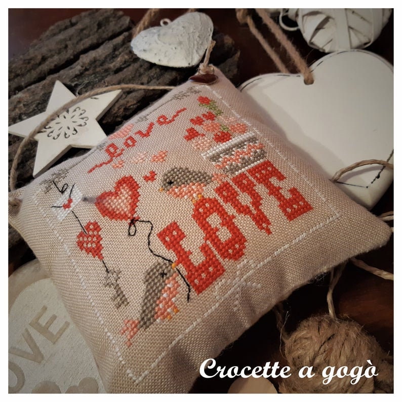 TRUE LOVE by Crocette A Gogo   "Amore Vero"  Counted Cross Stitch Pattern  Valentine, February, Love, Hearts, Birds, Balloon, Italy