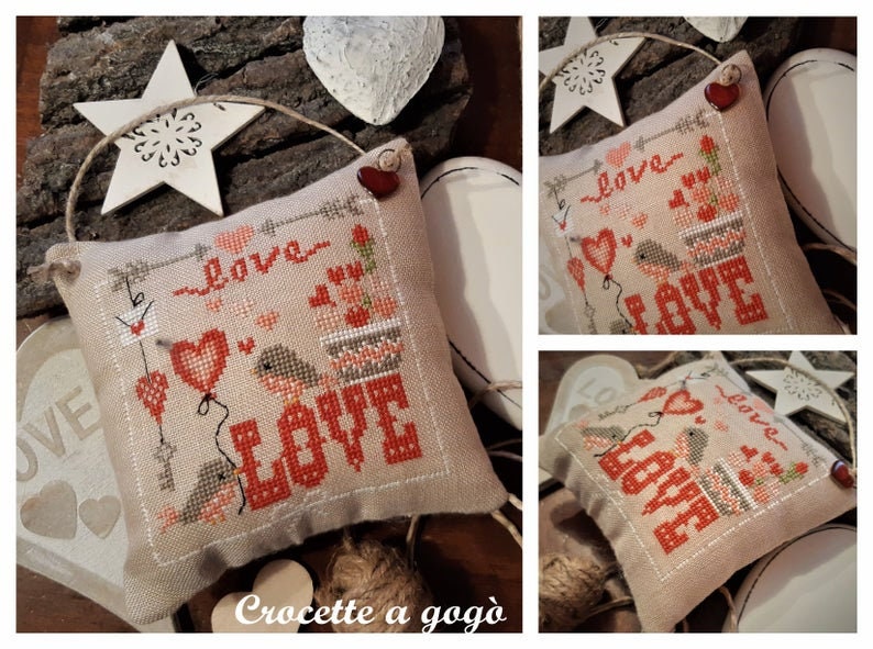 TRUE LOVE by Crocette A Gogo   "Amore Vero"  Counted Cross Stitch Pattern  Valentine, February, Love, Hearts, Birds, Balloon, Italy
