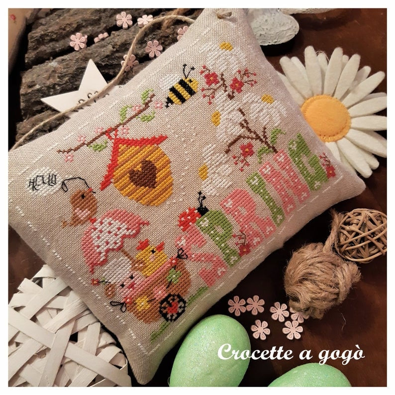 HELLO SPRING by Crocette A Gogo   Counted Cross Stitch Pattern  Birdhouse, Bees, Flowers, Ladybug, Chicks, Italy, Paper Pattern