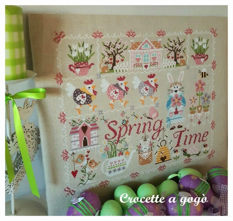 SPRING TIME by Crocette A Gogo   "Spring Time"  Counted Cross Stitch Pattern  Bunnies, Chicks, Flowers, Ladybugs, Turtle, Paper Pattern