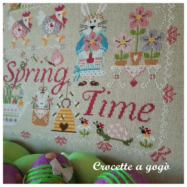 SPRING TIME by Crocette A Gogo   "Spring Time"  Counted Cross Stitch Pattern  Bunnies, Chicks, Flowers, Ladybugs, Turtle, Paper Pattern