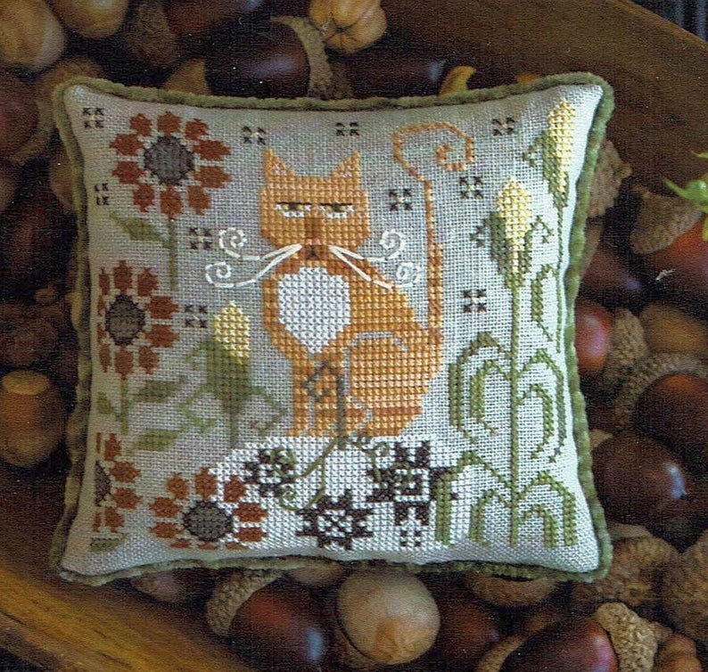 CLEMENTINE by Plum Street Samplers Counted Cross Stitch Pattern, Chart, Cat, Flowers, Corn Stalks, PAPER PATTERN