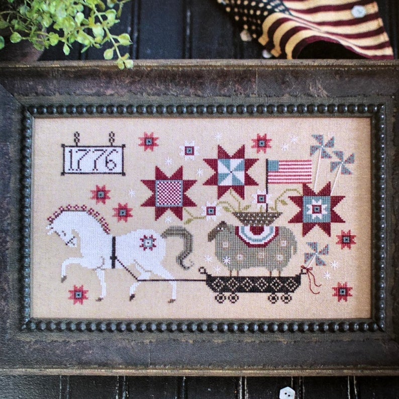 SUMMER DELIVERY  By Plum Street Samplers  Counted Cross Stitch  Chart, Horse, Sheep American Flag, Folk, Paper Pattern