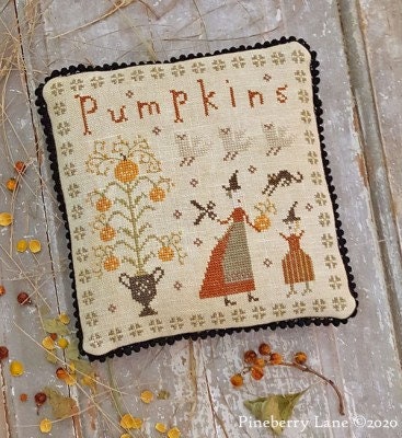PINEBERRY LANE "The Perfect Pumpkin"  Primitive Cross Stitch Pattern  Fancey Blackett Series, Fall, Cat, Pattern Only