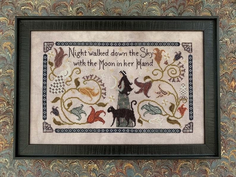 THE BLUE FLOWER "Night Walked Down" Cross Stitch Chart, Black Cat, Autumn, Pattern Only
