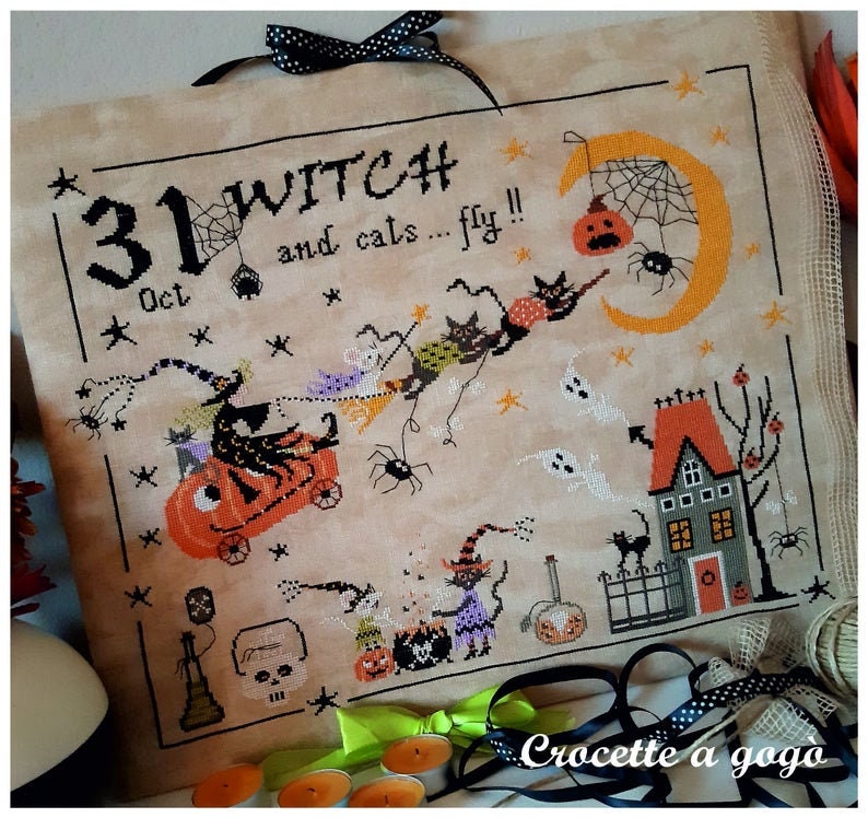 THE FLYING PUMPKIN by Crocette A Gogo   "La Zucca Volante"  Counted Cross Stitch Pattern  Halloween, Witch, Autumn, Black Cat, Ghost