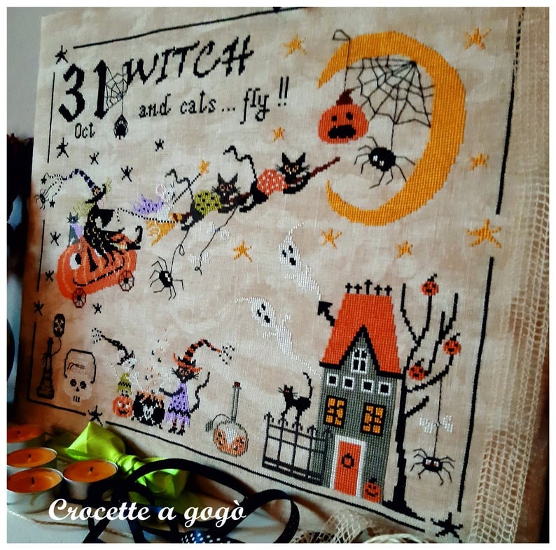 THE FLYING PUMPKIN by Crocette A Gogo   "La Zucca Volante"  Counted Cross Stitch Pattern  Halloween, Witch, Autumn, Black Cat, Ghost