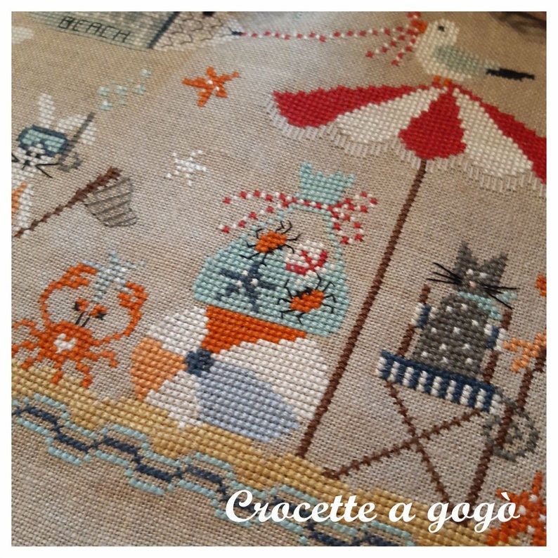 RELAX BEACH by Crocette A Gogo   Counted Cross Stitch Pattern  Summer, Beach, Crab, Cat, Bunny, Fish, Italy, Paper Pattern
