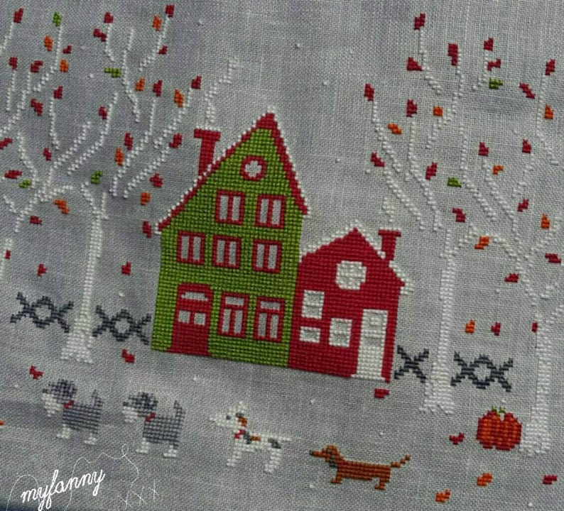 PDF INSTANT DOWNLOAD My Fanny "Our Winter Walk" Counted Cross Stitch Pattern, Autumn, Dogs