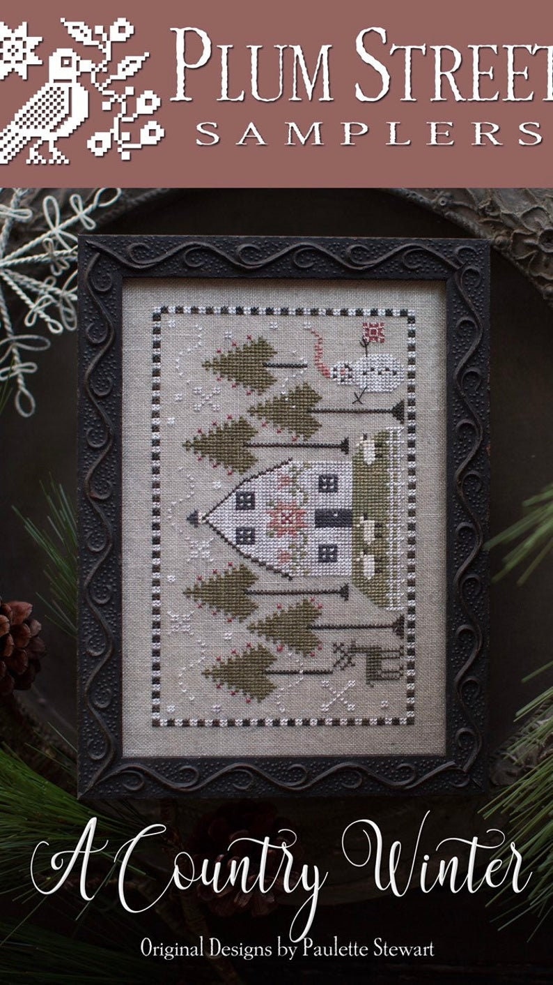 PLUM STREET SAMPLERS "A Country Winter" Cross Stitch Pattern, Sheep, Snowman, Barn, Paper Pattern