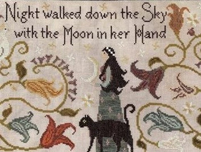 THE BLUE FLOWER "Night Walked Down" Cross Stitch Chart, Black Cat, Autumn, Pattern Only