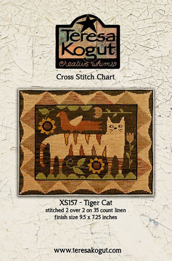 TERESA KOGUT "Tiger Cat"  Cross Stitch Pattern  Cat, Sunflowers, Primitive, Bird, Folk Art, Pattern Only
