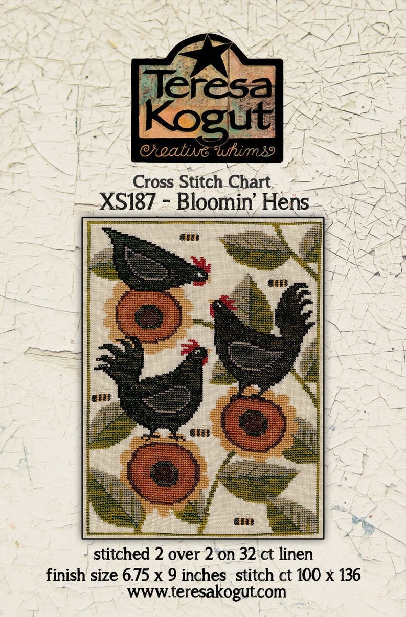 TERESA KOGUT "Bloomin' Hens"  Counted Cross Stitch Pattern  Summer, Sunflowers, Primitive, folk art, Pattern Only
