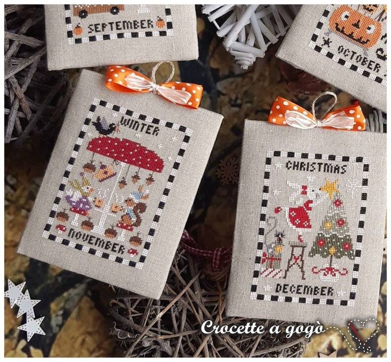 Crocette A Gogo   "Calendar - Part 3  Counted Cross Stitch Pattern  4 Cross Stitch Patterns, Autumn, Halloween, Winter, Christmas