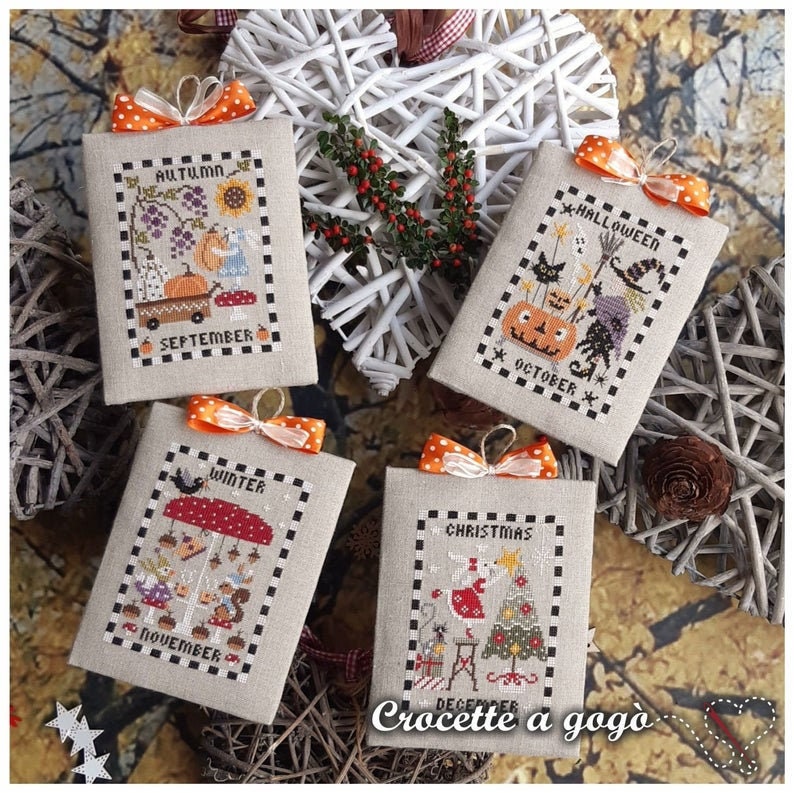 Crocette A Gogo   "Calendar - Part 3  Counted Cross Stitch Pattern  4 Cross Stitch Patterns, Autumn, Halloween, Winter, Christmas